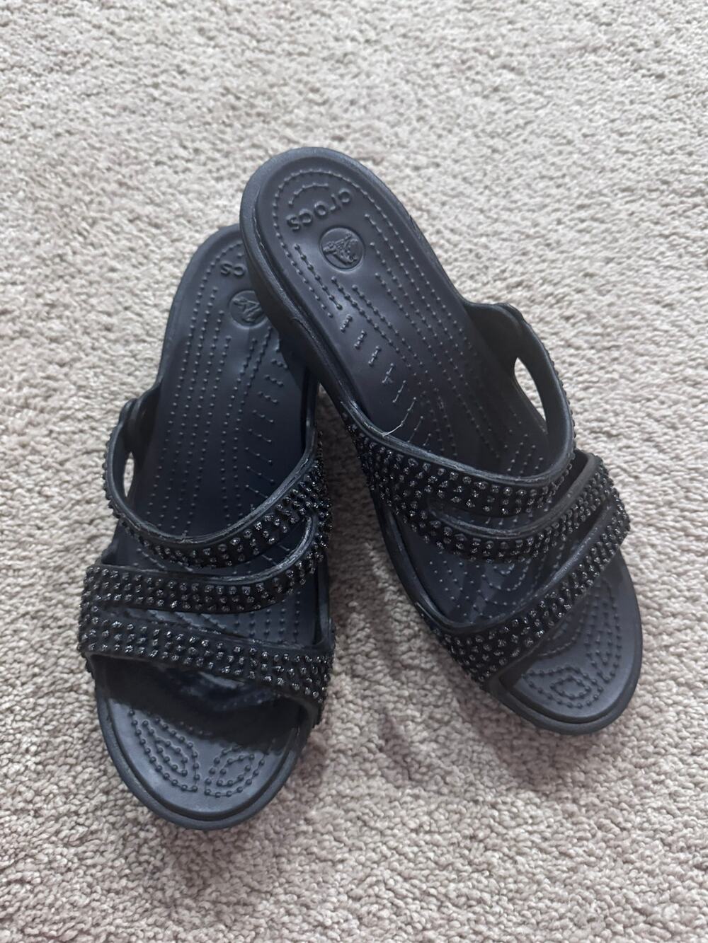 Crocs Patricia Diamante Black Studded Slip On Sandals Womens Size 8 Triple Strap